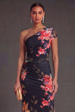 Champagne Sheath One Shoulder Ruched Long Wedding Guest Dress