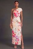 Champagne Sheath One Shoulder Ruched Long Wedding Guest Dress