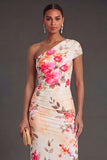 Champagne Sheath One Shoulder Ruched Long Wedding Guest Dress