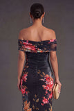Champagne Sheath Off the Shoulder Ruched Long Wedding Guest Dress