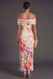 Champagne Sheath Off the Shoulder Ruched Long Wedding Guest Dress