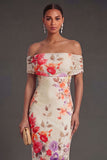 Champagne Sheath Off the Shoulder Ruched Long Wedding Guest Dress