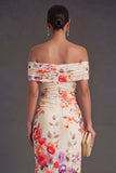 Champagne Sheath Off the Shoulder Ruched Long Wedding Guest Dress