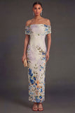 Champagne Sheath Off the Shoulder Ruched Long Wedding Guest Dress