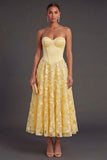 Floral Yellow A Line Corset Appliqued Midi Wedding Guest Dress