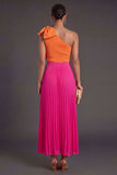 One Shoulder Orange and Fuchsia A Line Pleated Long Formal Dress