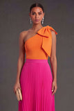 One Shoulder Orange and Fuchsia A Line Pleated Long Formal Dress