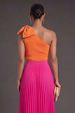 One Shoulder Orange and Fuchsia A Line Pleated Long Formal Dress