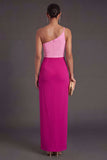 Pink and Fuchsia Sheath One Shoulder Long Formal Dress with Slit