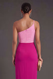 Pink and Fuchsia Sheath One Shoulder Long Formal Dress with Slit