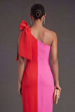 Fuchsia and Red Sheath One Shoulder Long Formal Dress with Slit