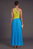 One Shoulder Green and Blue A Line Pleated Long Formal Dress