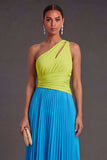 One Shoulder Green and Blue A Line Pleated Long Formal Dress
