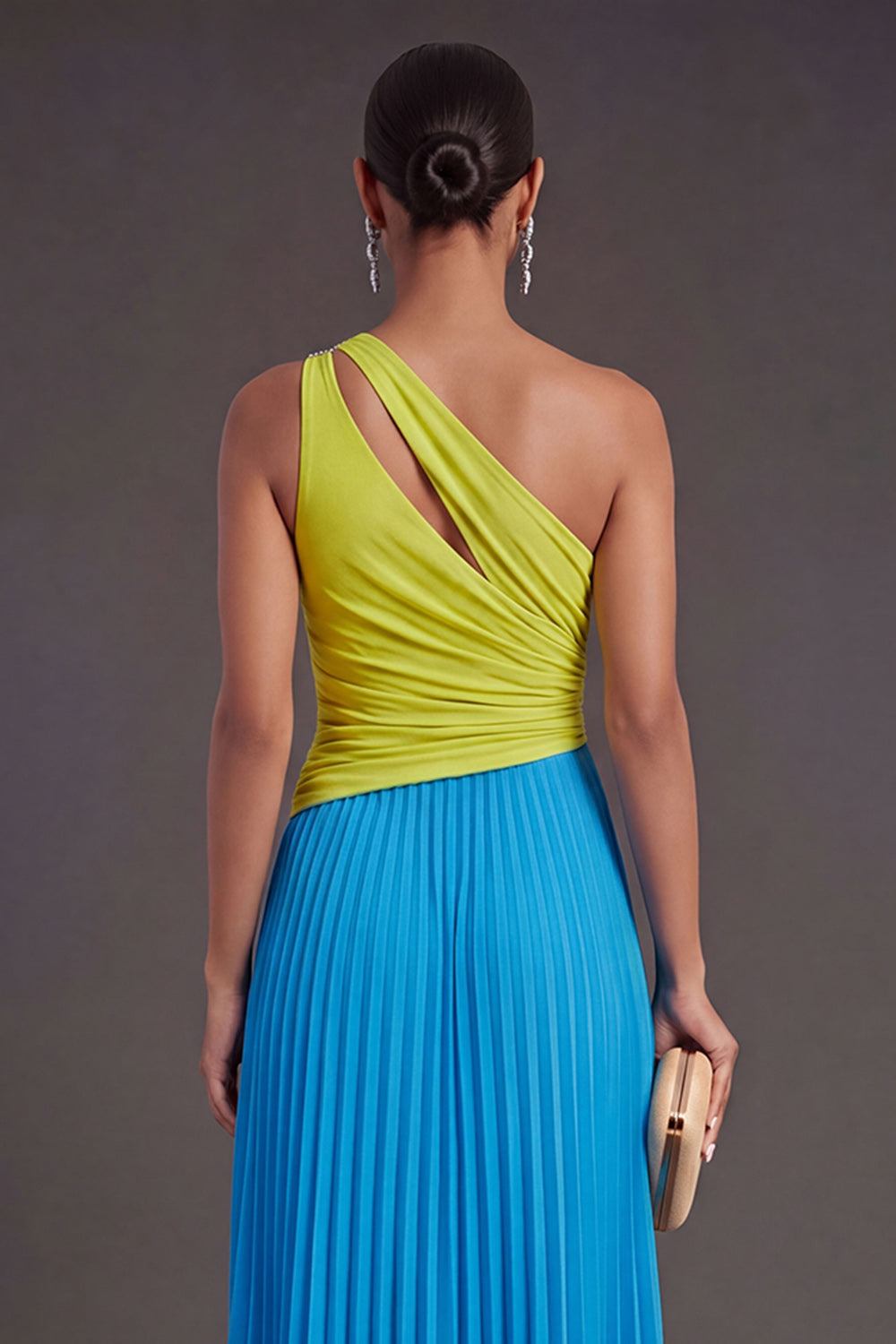 Leely Women One Shoulder Green and Blue A Line Pleated Long Formal