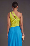 One Shoulder Green and Blue A Line Pleated Long Formal Dress