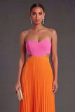 Pink and Orange Pleated Long Formal Dress