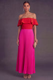 Ruffled Fuchsia and Red Pleated Long Formal Dress