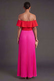 Ruffled Fuchsia and Red Pleated Long Formal Dress