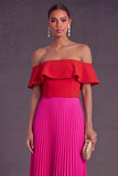 Ruffled Fuchsia and Red Pleated Long Formal Dress