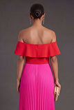 Ruffled Fuchsia and Red Pleated Long Formal Dress