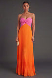 Leely Women Pink and Orange Front Twisted Pleated Long Formal Dress A Line Sweetheart Wedding Guest Dress