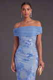 Blue Floral Sheath Appliqued Long Wedding Guest Dress