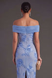 Blue Floral Sheath Appliqued Long Wedding Guest Dress