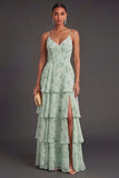 A Line Tiered Dusty Sage Floral Long Wedding Guest Dress with Slit