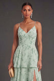 A Line Tiered Dusty Sage Floral Long Wedding Guest Dress with Slit