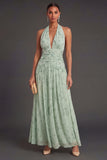 A Line Dusty Sage Floral Long Wedding Guest Dress