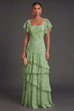 Dusty Sage Floral Ruffled Long Wedding Guest Dress