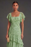Dusty Sage Floral Ruffled Long Wedding Guest Dress