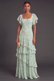 Dusty Sage Floral Ruffled Long Wedding Guest Dress