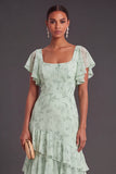 Dusty Sage Floral Ruffled Long Wedding Guest Dress