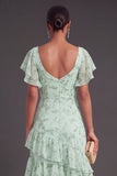 Dusty Sage Floral Ruffled Long Wedding Guest Dress