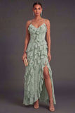 Tiered Dusty Sage Floral Ruffled Long Wedding Guest Dress with Slit
