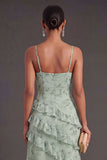 Tiered Dusty Sage Floral Ruffled Long Wedding Guest Dress with Slit
