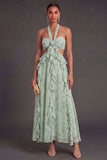 A Line Ruffled Dusty Sage Long Wedding Guest Dress