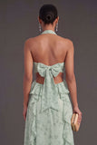 A Line Ruffled Dusty Sage Long Wedding Guest Dress