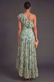 Dusty Green Floral A Line Ruffled Long Wedding Guest Dress