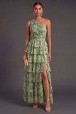Dusty Green Tiered Floral A Line Ruffled Long Wedding Guest Dress
