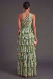 Dusty Green Tiered Floral A Line Ruffled Long Wedding Guest Dress