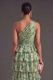 Dusty Green Tiered Floral A Line Ruffled Long Wedding Guest Dress