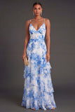 Spaghetti Straps  A Line White Blue Floral Long Wedding Guest Dress