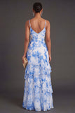 Spaghetti Straps  A Line White Blue Floral Long Wedding Guest Dress