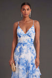 Spaghetti Straps  A Line White Blue Floral Long Wedding Guest Dress