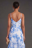 Spaghetti Straps  A Line White Blue Floral Long Wedding Guest Dress