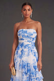 White Blue Floral A Line Ruffled Long Wedding Guest Dress