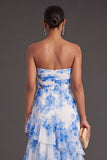 White Blue Floral A Line Ruffled Long Wedding Guest Dress