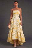 Yellow Floral Strapless High Low Wedding Guest Dress